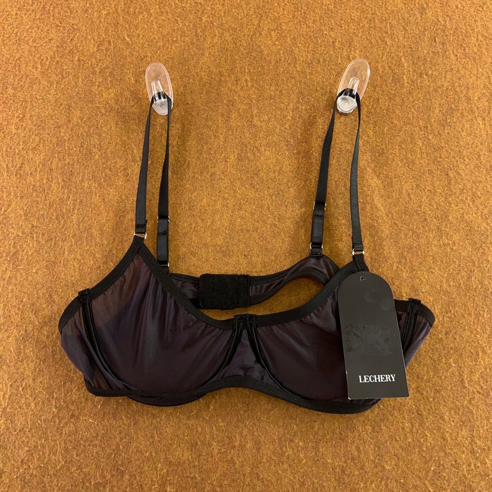 LECHERY Womens Large Black Lustrous Sheer Underwire Bra NWT